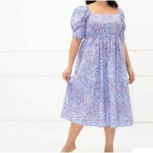 Eloquii Elements 16 Midi Shift Dress Purple Cotton Blend Smocked Puff Sleeves
